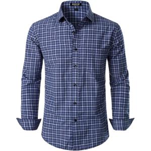 JEMITOP Men’s Transitional Weather Slim Fit Long Sleeve Button Down Shirt Business Casual Dress Shirts with Pocket(Dark Blue Gingham)