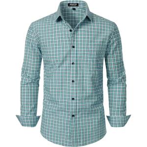 JEMITOP Men’s Transitional Weather Slim Fit Long Sleeve Button Down Shirt Business Casual Dress Shirts with Pocket(Green Gingham)