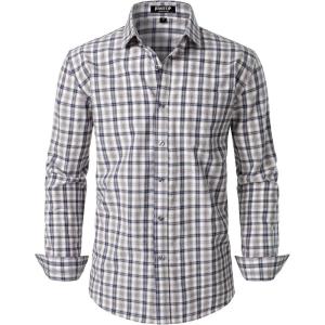 JEMITOP Men’s Transitional Weather Slim Fit Long Sleeve Button Down Shirt Business Casual Dress Shirts with Pocket(Khaki Gingham)