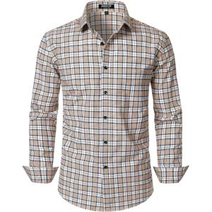 JEMITOP Men’s Transitional Weather Slim Fit Long Sleeve Button Down Shirt Business Casual Dress Shirts with Pocket(Khaki White Gingham)