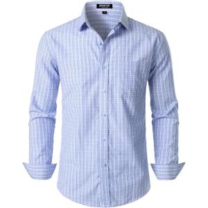 JEMITOP Men’s Transitional Weather Slim Fit Long Sleeve Button Down Shirt Business Casual Dress Shirts with Pocket(Light Blue Gingham)