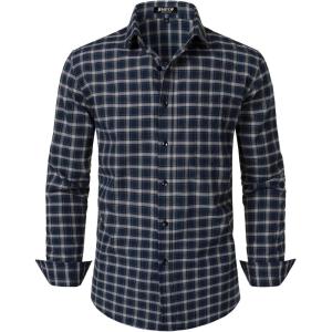 JEMITOP Men’s Transitional Weather Slim Fit Long Sleeve Button Down Shirt Business Casual Dress Shirts with Pocket(Navy Beige Gingham)