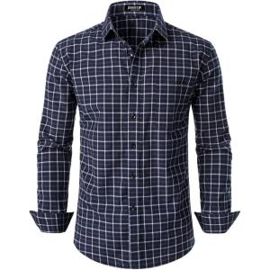 JEMITOP Men’s Transitional Weather Slim Fit Long Sleeve Button Down Shirt Business Casual Dress Shirts with Pocket(Navy Gingham)