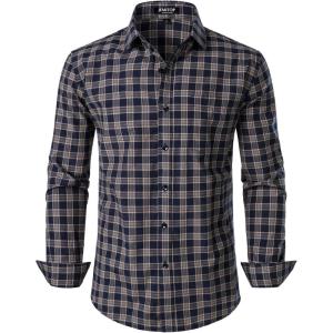 JEMITOP Men’s Transitional Weather Slim Fit Long Sleeve Button Down Shirt Business Casual Dress Shirts with Pocket(Navy Tan Gingham)