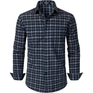 JEMITOP Men’s Transitional Weather Slim Fit Long Sleeve Button Down Shirt Business Casual Dress Shirts with Pocket(Navy White Gingham)