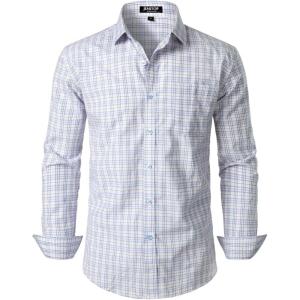 JEMITOP Men’s Transitional Weather Slim Fit Long Sleeve Button Down Shirt Business Casual Dress Shirts with Pocket(Vintage White Gingham)