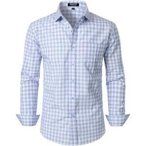 JEMITOP Men’s Transitional Weather Slim Fit Long Sleeve Button Down Shirt Business Casual Dress Shirts with Pocket(White Blue Gingham)