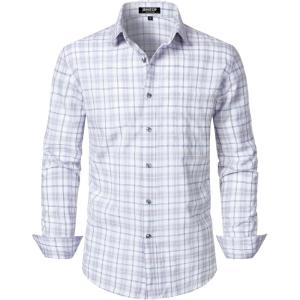 JEMITOP Men’s Transitional Weather Slim Fit Long Sleeve Button Down Shirt Business Casual Dress Shirts with Pocket(White Grey Gingham)