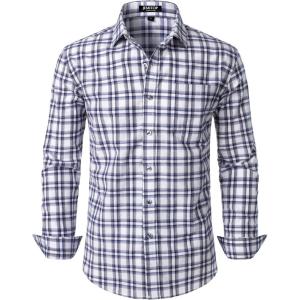 JEMITOP Men’s Transitional Weather Slim Fit Long Sleeve Button Down Shirt Business Casual Dress Shirts with Pocket(White Navy Gingham)