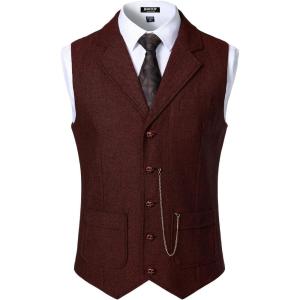 JEMITOP Men’s Vintage Slim Fit Suit Vest Formal Prom Party Herringbone Pattern Waistcoat with Chain Detail(Burgundy)