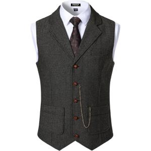 JEMITOP Men’s Vintage Slim Fit Suit Vest Formal Prom Party Herringbone Pattern Waistcoat with Chain Detail(Dark Grey)