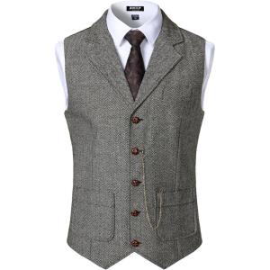 JEMITOP Men’s Vintage Slim Fit Suit Vest Formal Prom Party Herringbone Pattern Waistcoat with Chain Detail(Light Grey)