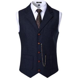 JEMITOP Men’s Vintage Slim Fit Suit Vest Formal Prom Party Herringbone Pattern Waistcoat with Chain Detail(Navy Blue)