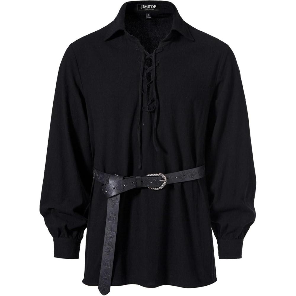 imageJEMITOP Mens Cotton Lace Up Retro Design Shirts for Renaissance Pirate Viking Medieval Costume Without BeltBlack