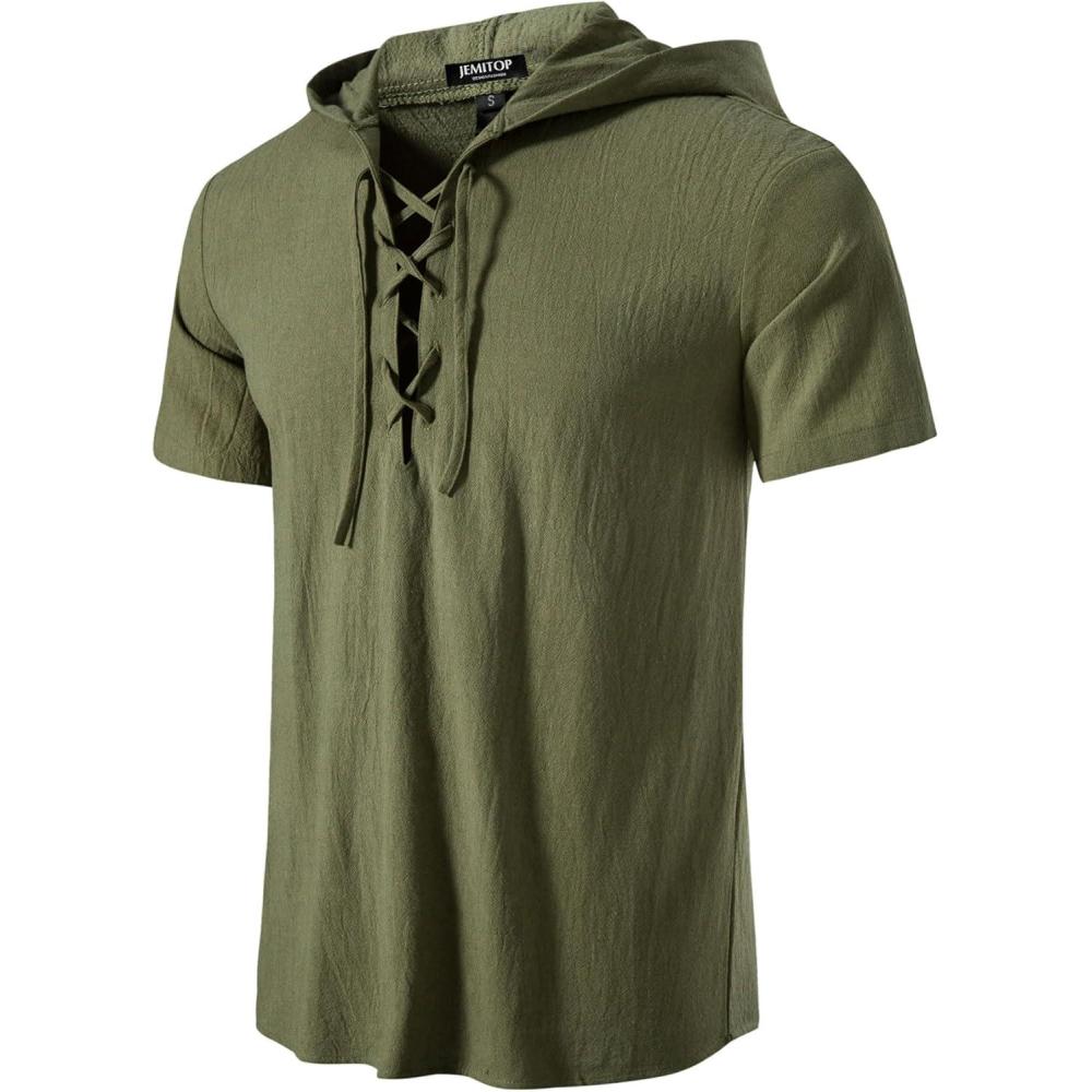 imageJEMITOP Mens Cotton Vintage Hooded Design Short Sleeve Lace up Shirts for Renaissance Pirate Viking Medieval CostumeArmy Green