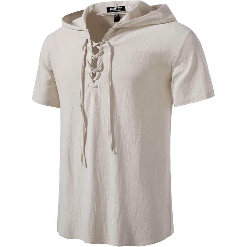 imageJEMITOP Mens Cotton Vintage Hooded Design Short Sleeve Lace up Shirts for Renaissance Pirate Viking Medieval CostumeBeige