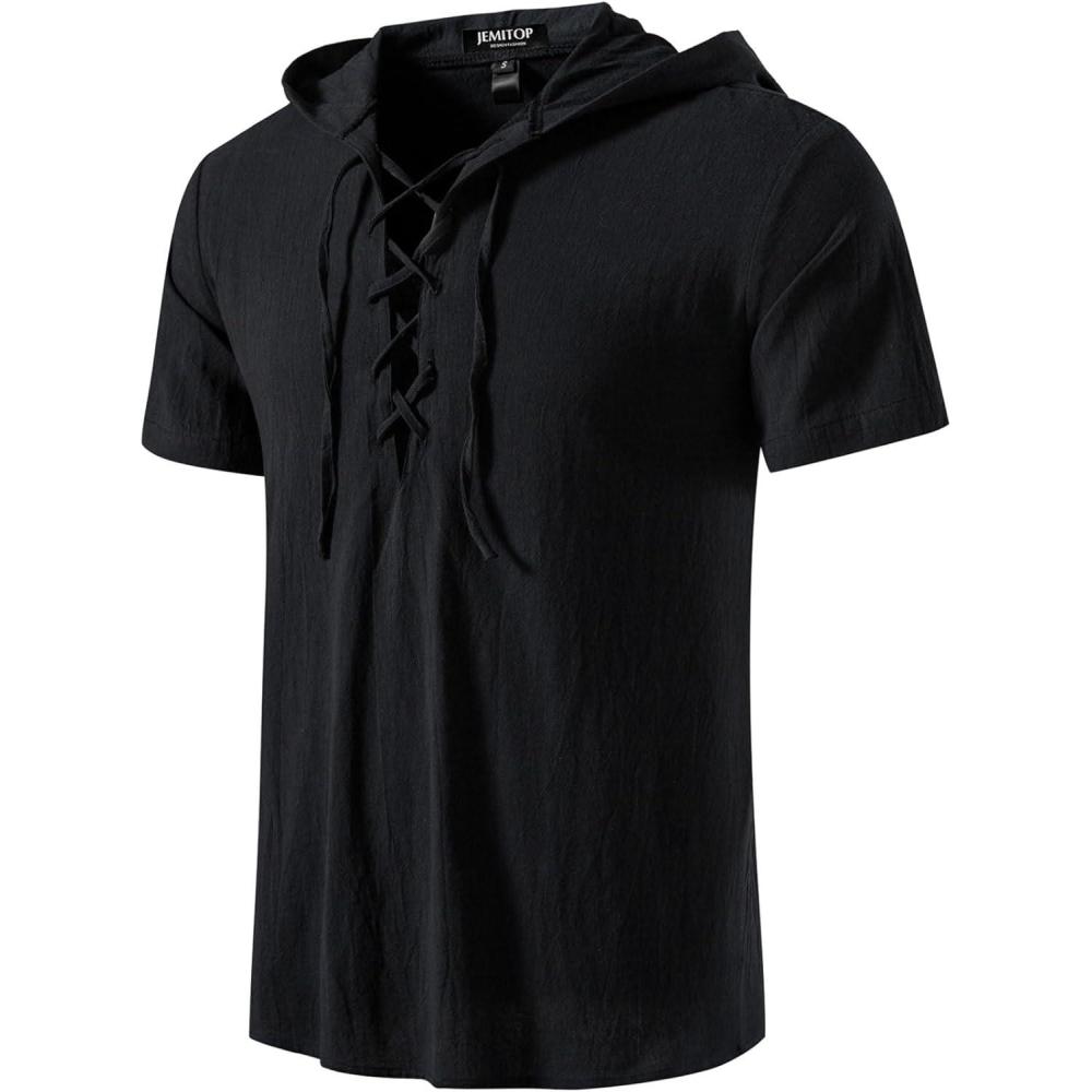 imageJEMITOP Mens Cotton Vintage Hooded Design Short Sleeve Lace up Shirts for Renaissance Pirate Viking Medieval CostumeBlack