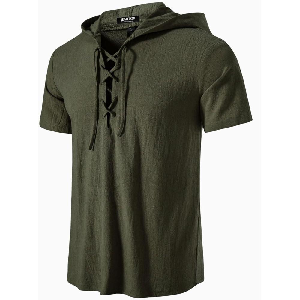 imageJEMITOP Mens Cotton Vintage Hooded Design Short Sleeve Lace up Shirts for Renaissance Pirate Viking Medieval CostumeDark Army Green