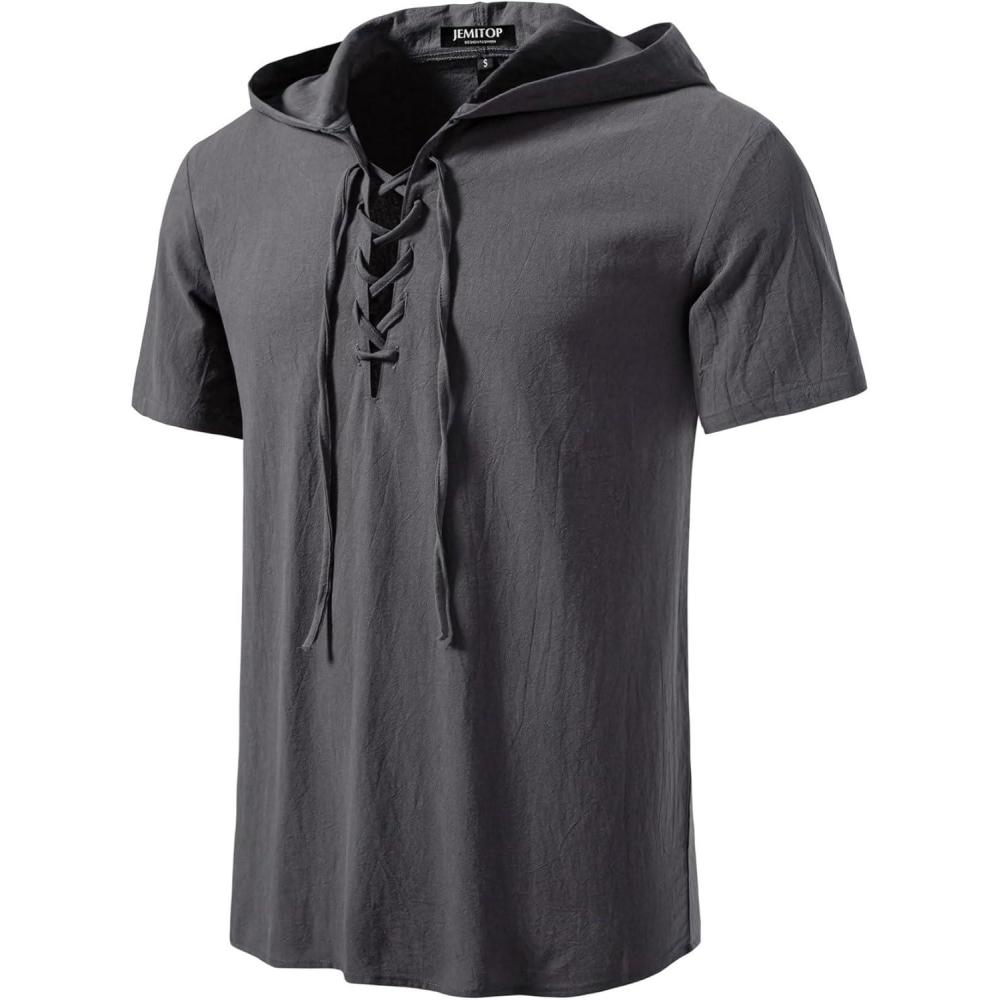 imageJEMITOP Mens Cotton Vintage Hooded Design Short Sleeve Lace up Shirts for Renaissance Pirate Viking Medieval CostumeGrey