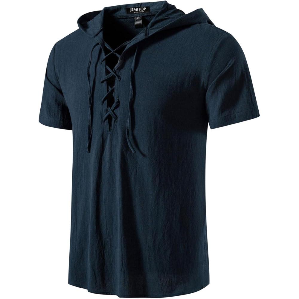 imageJEMITOP Mens Cotton Vintage Hooded Design Short Sleeve Lace up Shirts for Renaissance Pirate Viking Medieval CostumeNavy Blue