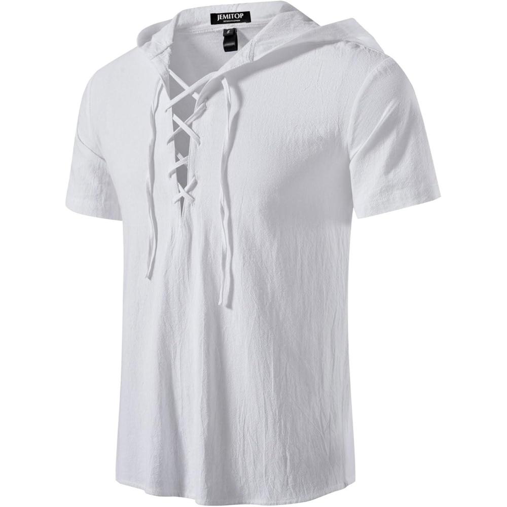 imageJEMITOP Mens Cotton Vintage Hooded Design Short Sleeve Lace up Shirts for Renaissance Pirate Viking Medieval CostumeWhite