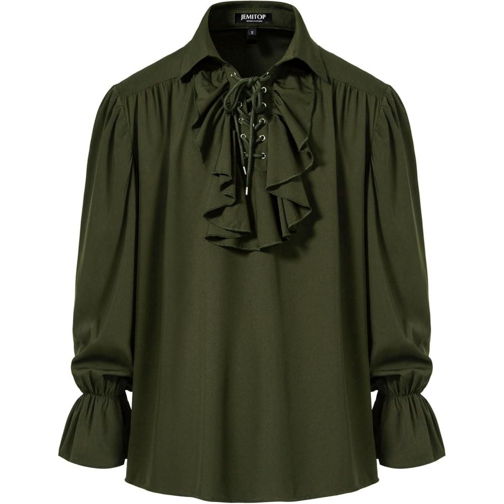 imageJEMITOP Mens Pirate Vampire Ruffle Shirt Elastic Cuff Poet Victorian Steampunk Renaissance Medieval Cosplay CostumeArmy Green