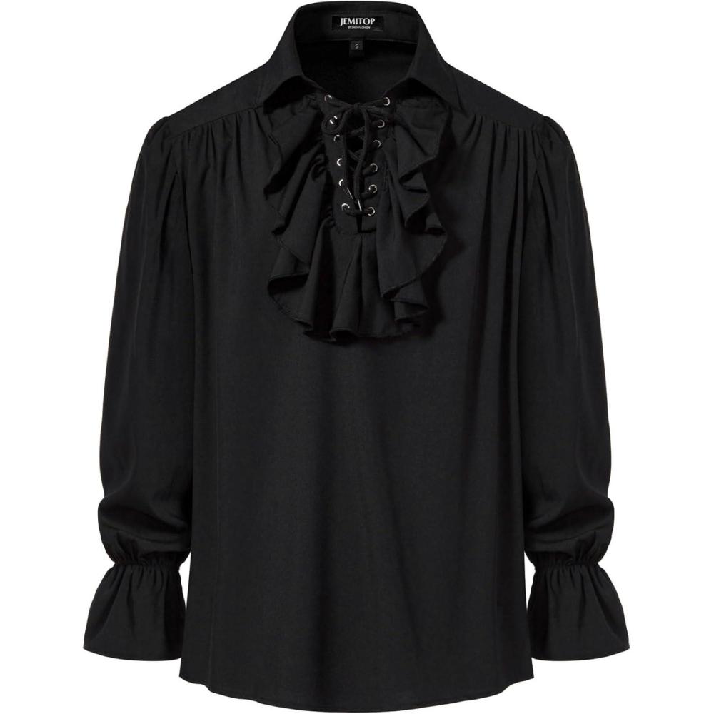 imageJEMITOP Mens Pirate Vampire Ruffle Shirt Elastic Cuff Poet Victorian Steampunk Renaissance Medieval Cosplay CostumeBlack