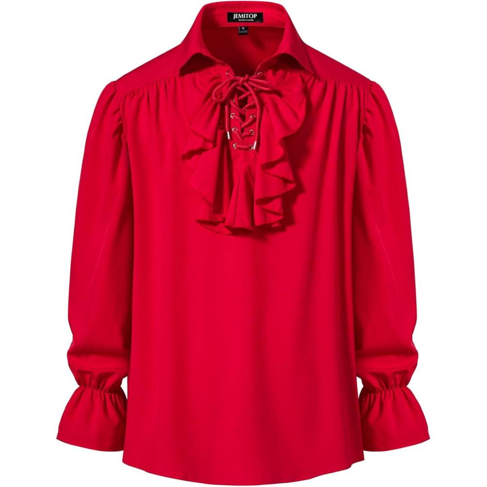 imageJEMITOP Mens Pirate Vampire Ruffle Shirt Elastic Cuff Poet Victorian Steampunk Renaissance Medieval Cosplay CostumeRed