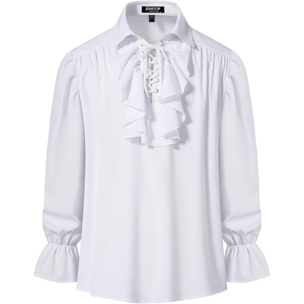 imageJEMITOP Mens Pirate Vampire Ruffle Shirt Elastic Cuff Poet Victorian Steampunk Renaissance Medieval Cosplay CostumeWhite