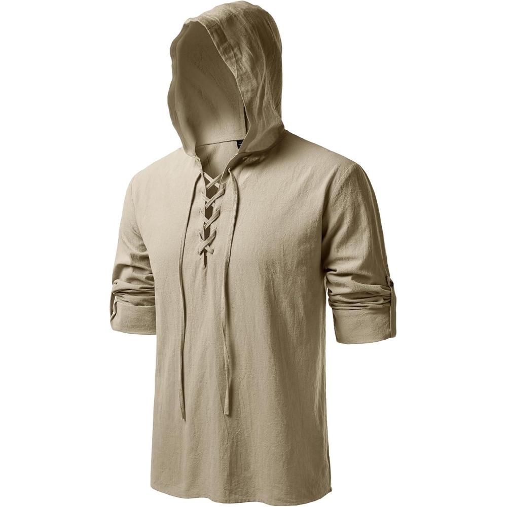imageJEMITOP Mens Pure Cotton Retro Style Lace Up Hooded Shirts for Renaissance Pirate Viking Medieval Costume