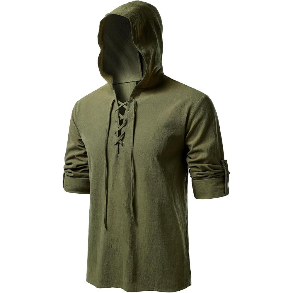imageJEMITOP Mens Pure Cotton Retro Style Lace Up Hooded Shirts for Renaissance Pirate Viking Medieval CostumeArmy Green