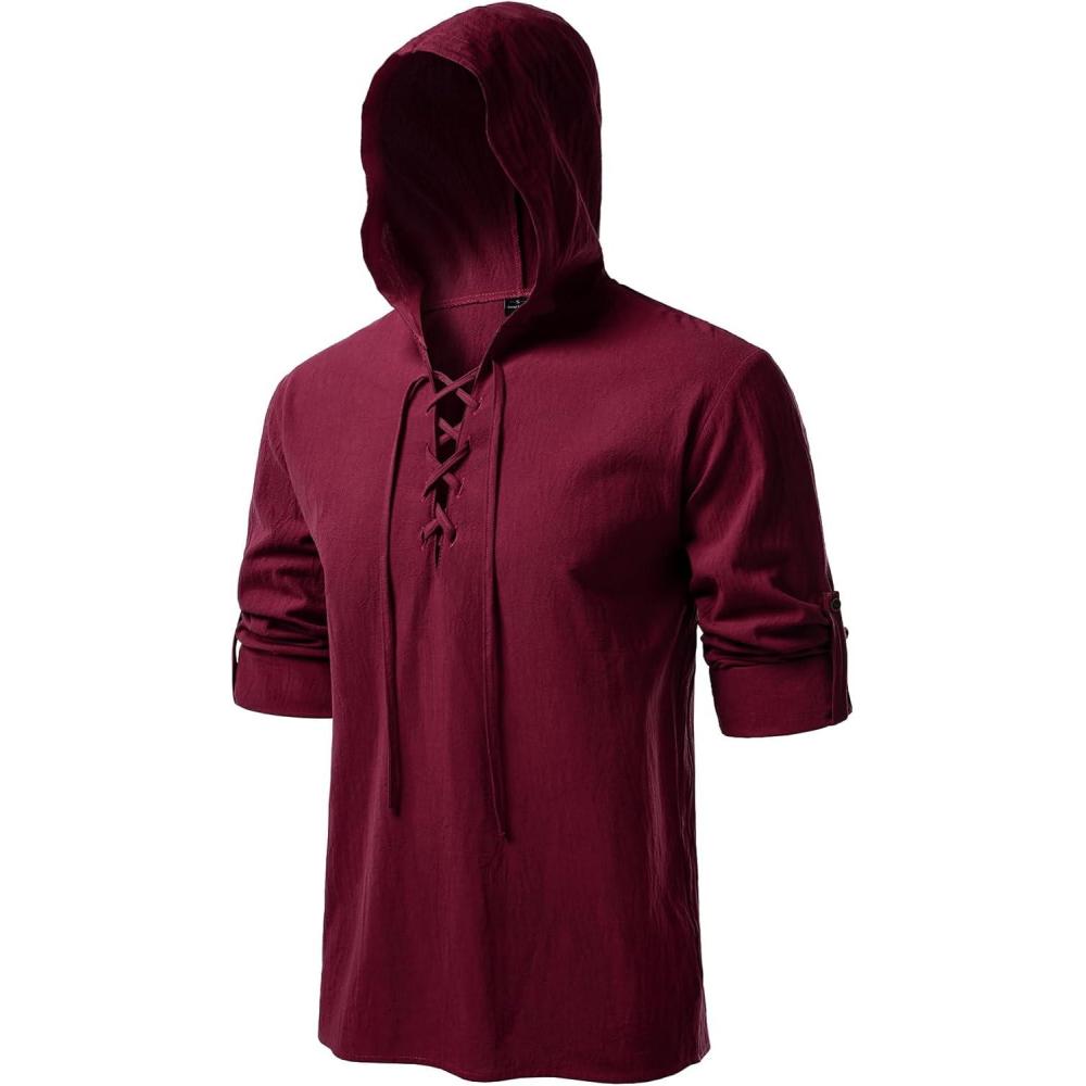 imageJEMITOP Mens Pure Cotton Retro Style Lace Up Hooded Shirts for Renaissance Pirate Viking Medieval CostumeBurgundy
