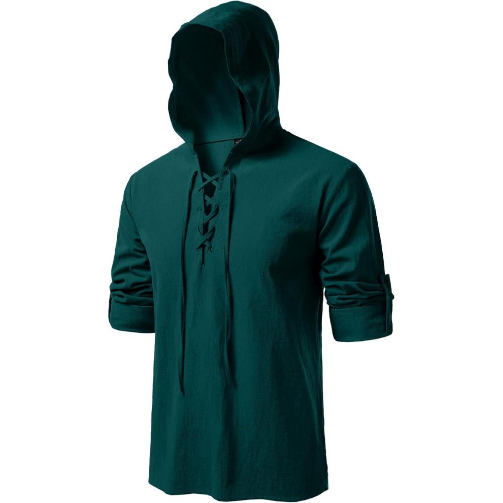 imageJEMITOP Mens Pure Cotton Retro Style Lace Up Hooded Shirts for Renaissance Pirate Viking Medieval CostumeDark Green