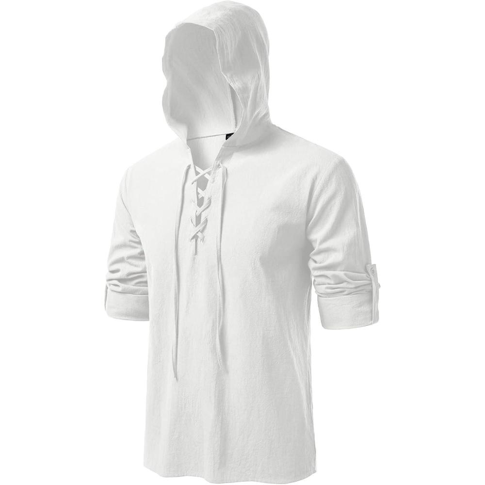 imageJEMITOP Mens Pure Cotton Retro Style Lace Up Hooded Shirts for Renaissance Pirate Viking Medieval CostumeIvory White