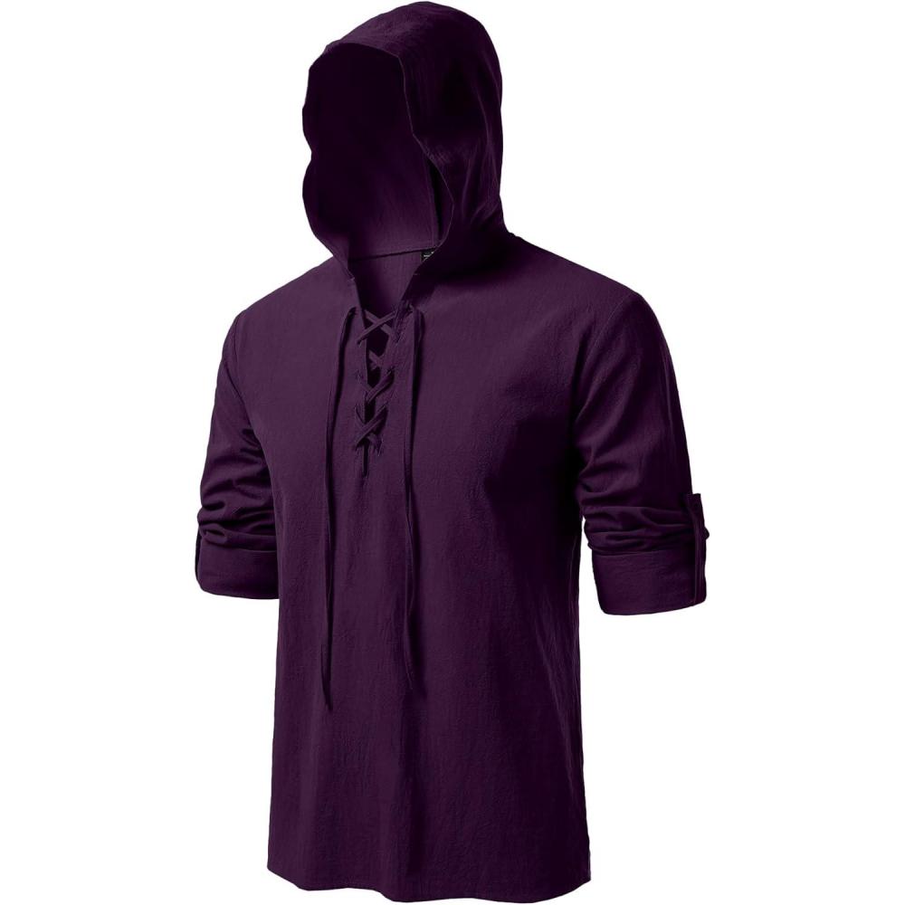 imageJEMITOP Mens Pure Cotton Retro Style Lace Up Hooded Shirts for Renaissance Pirate Viking Medieval CostumePurple