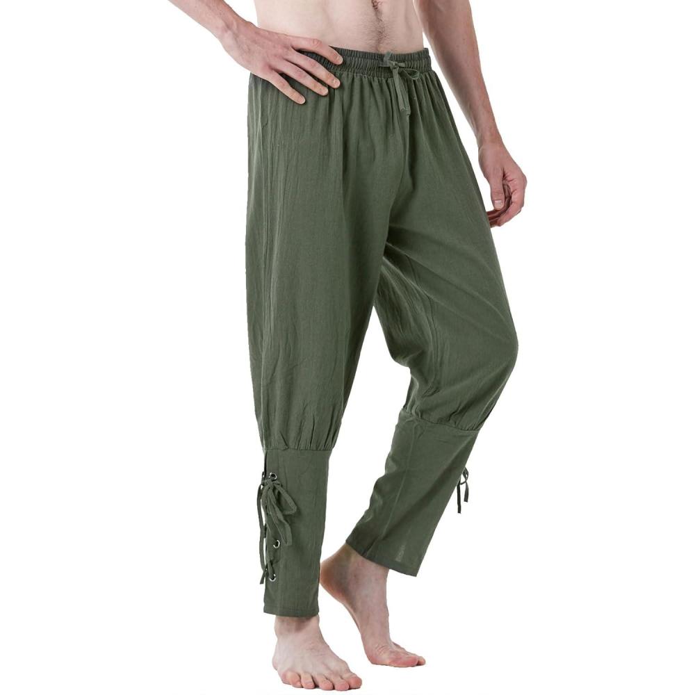 imageJEMITOP Mens Pure Cotton Vintage Ankle Banded Pants for Renaissance Pirate Viking Medieval CostumeArmy Green