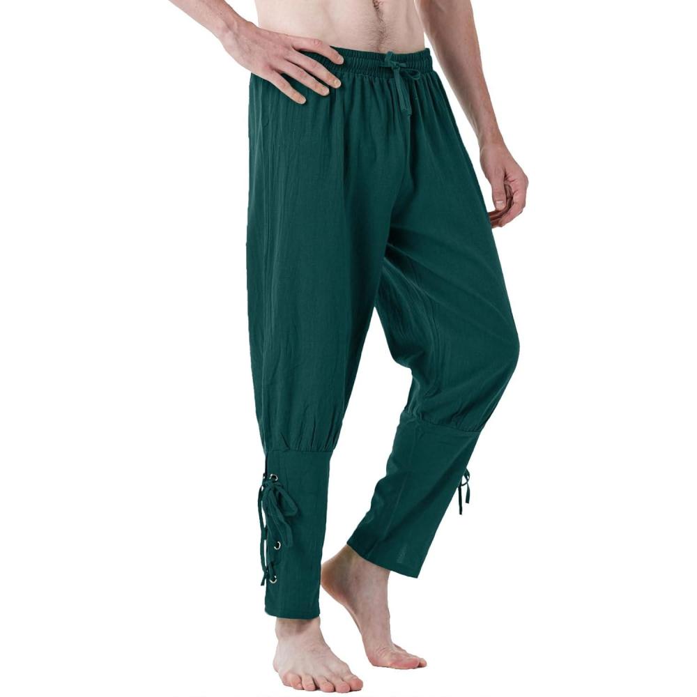 imageJEMITOP Mens Pure Cotton Vintage Ankle Banded Pants for Renaissance Pirate Viking Medieval CostumeDark Green