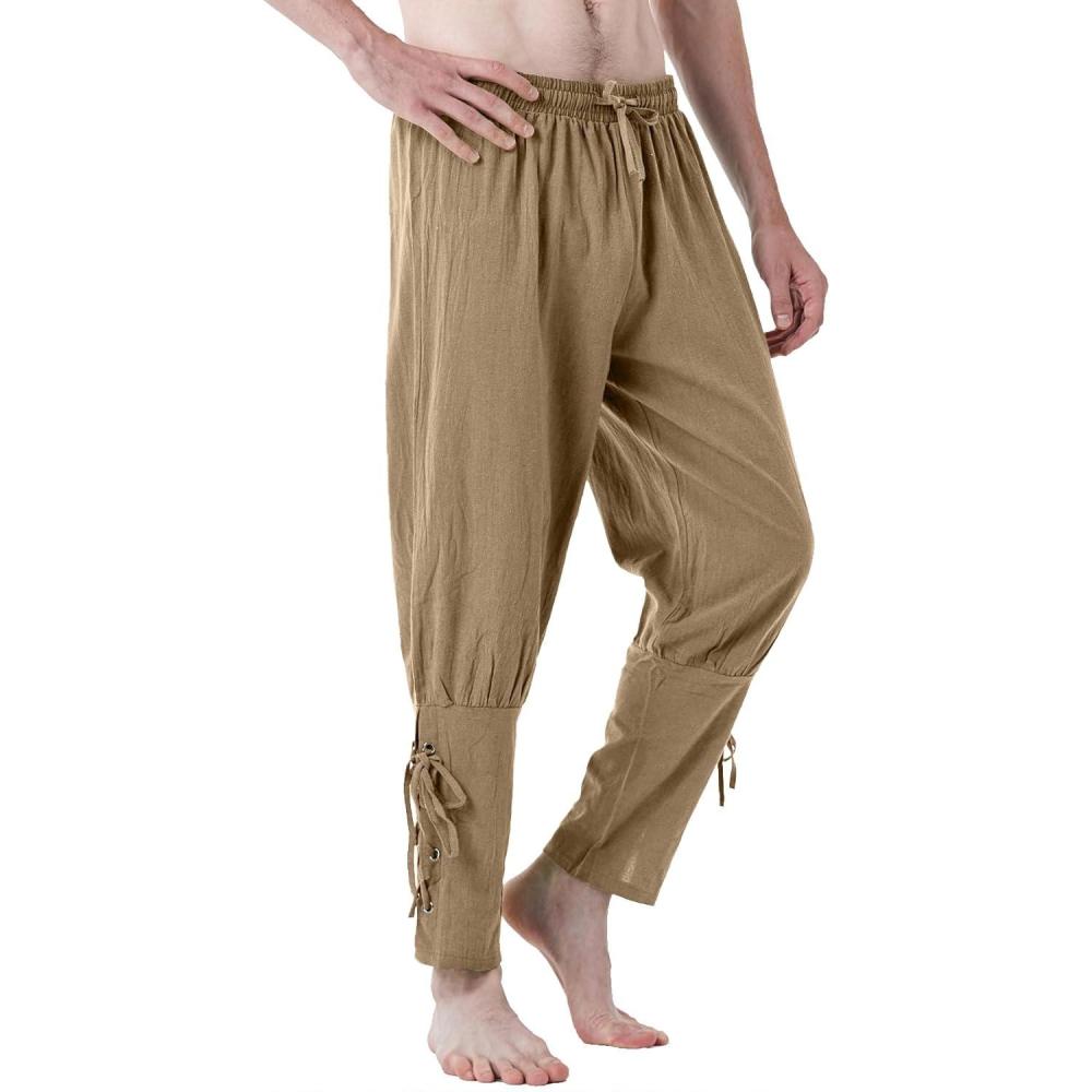 imageJEMITOP Mens Pure Cotton Vintage Ankle Banded Pants for Renaissance Pirate Viking Medieval CostumeDark Khaki