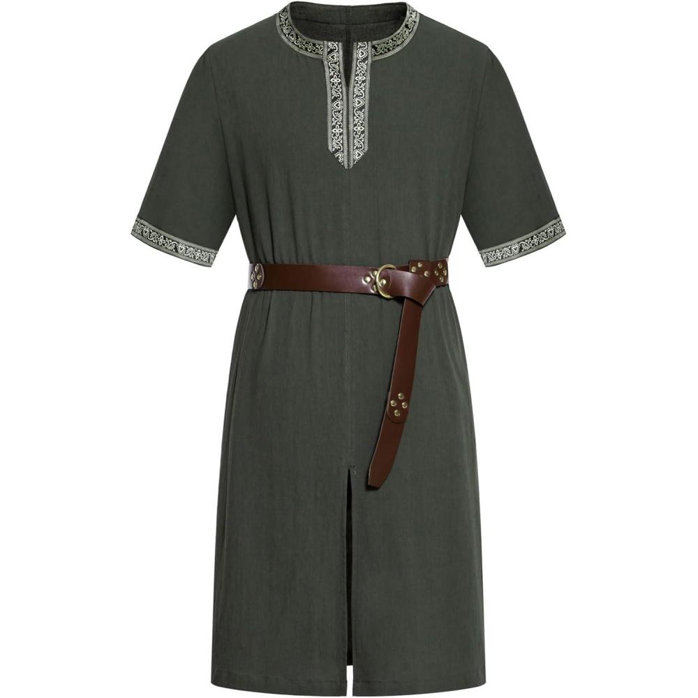 imageJEMITOP Mens Retro Style Cotton Short Sleeves Tunic Shirts for Viking Medieval Renaissance Costume Without BeltArmy Green