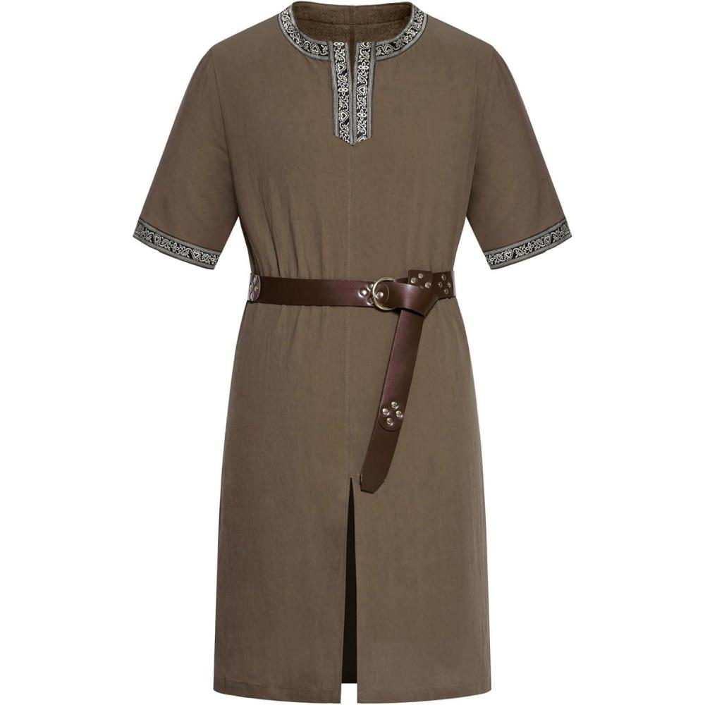 imageJEMITOP Mens Retro Style Cotton Short Sleeves Tunic Shirts for Viking Medieval Renaissance Costume Without BeltCoffee