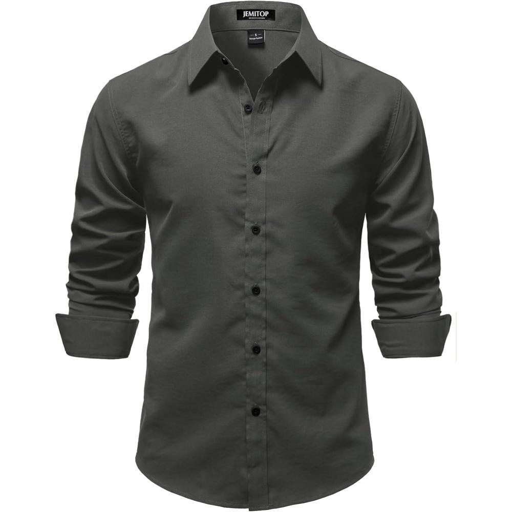 imageJEMITOP Mens Stretch Vintage Slim Fit Button Down Shirts Business Casual Long Sleeve Dress ShirtDark Grey
