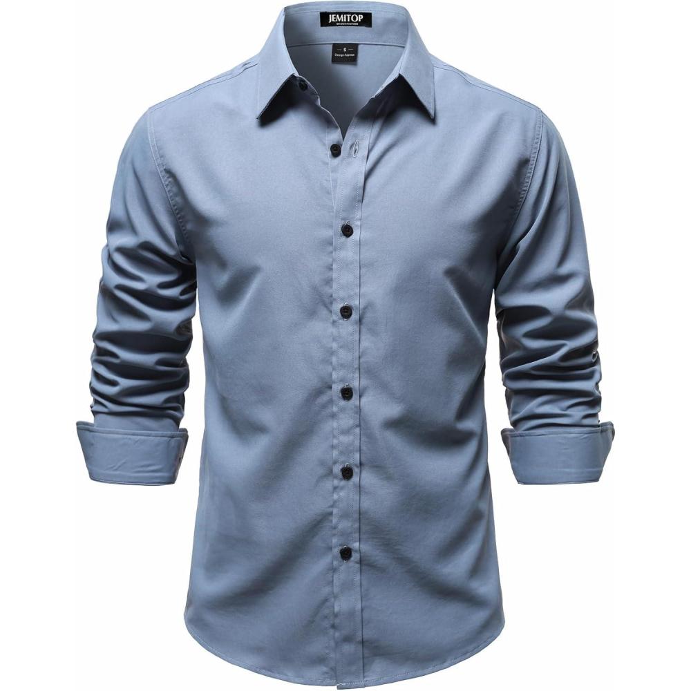 imageJEMITOP Mens Stretch Vintage Slim Fit Button Down Shirts Business Casual Long Sleeve Dress ShirtDusty Blue