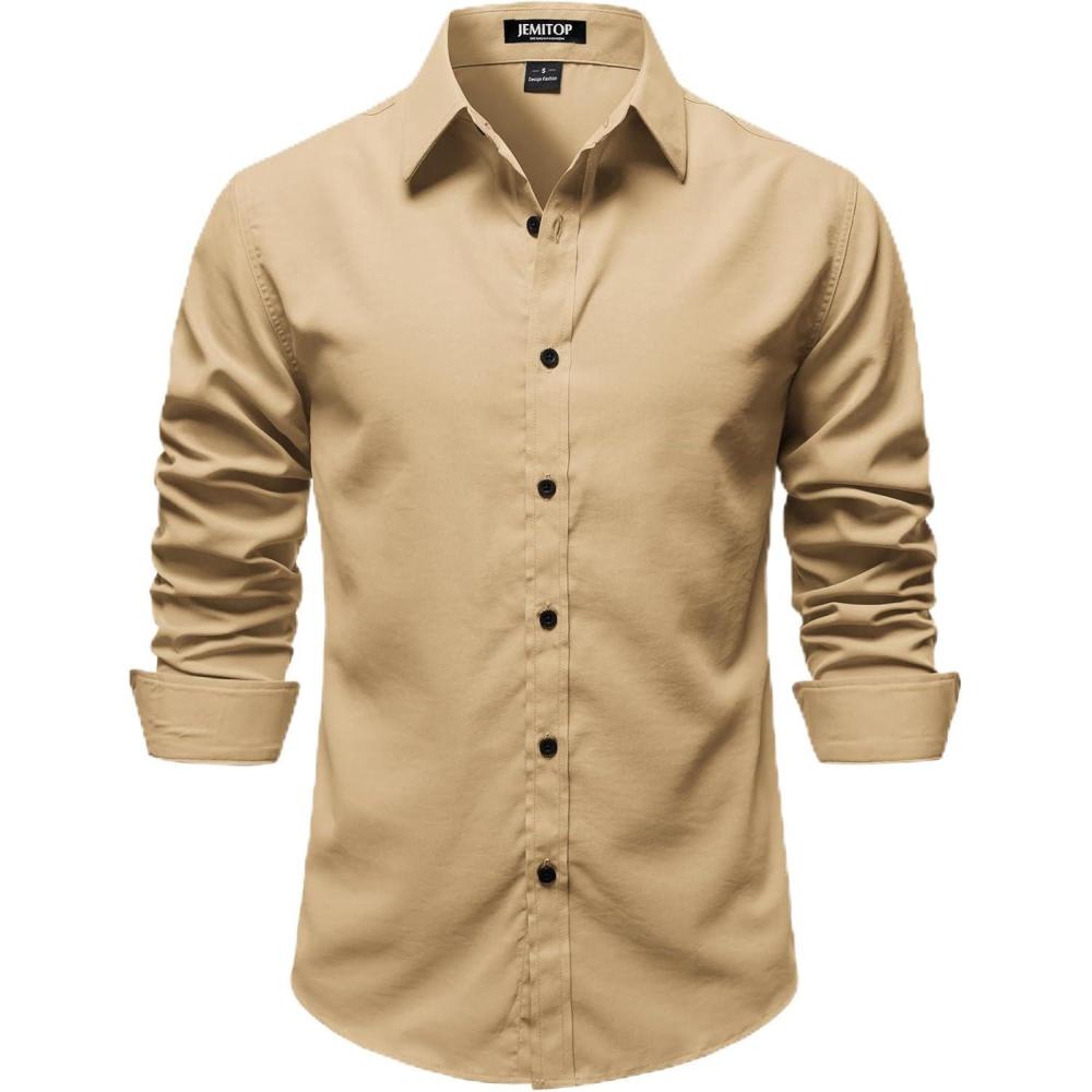 imageJEMITOP Mens Stretch Vintage Slim Fit Button Down Shirts Business Casual Long Sleeve Dress ShirtKhaki Yellow