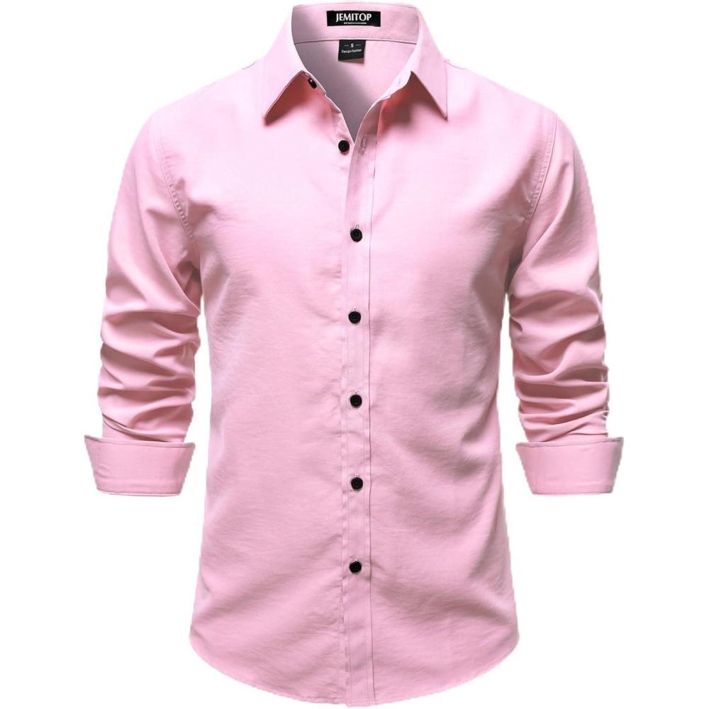 imageJEMITOP Mens Stretch Vintage Slim Fit Button Down Shirts Business Casual Long Sleeve Dress ShirtPink