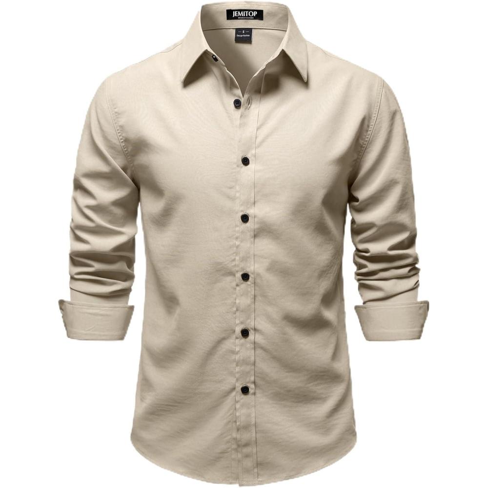 imageJEMITOP Mens Stretch Vintage Slim Fit Button Down Shirts Business Casual Long Sleeve Dress ShirtTan