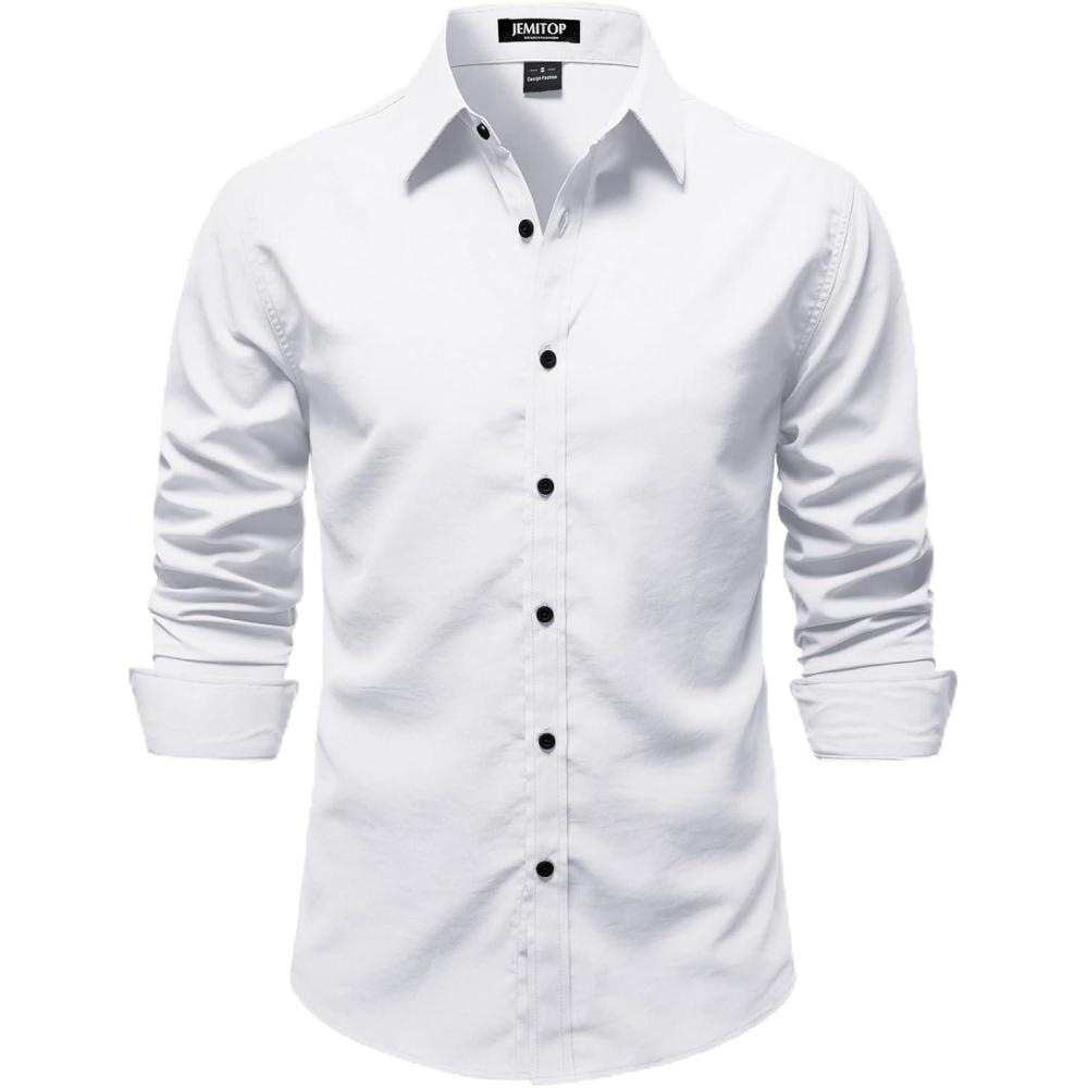 imageJEMITOP Mens Stretch Vintage Slim Fit Button Down Shirts Business Casual Long Sleeve Dress ShirtWhite