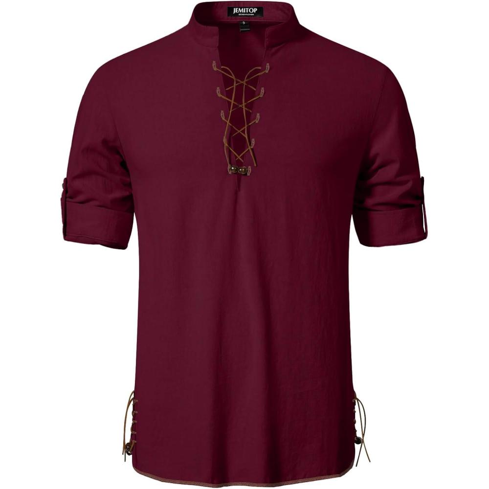imageMens Cotton Long Sleeve Lace Up Vintage Shirts for Renaissance Pirate Viking Medieval CostumeBurgundy