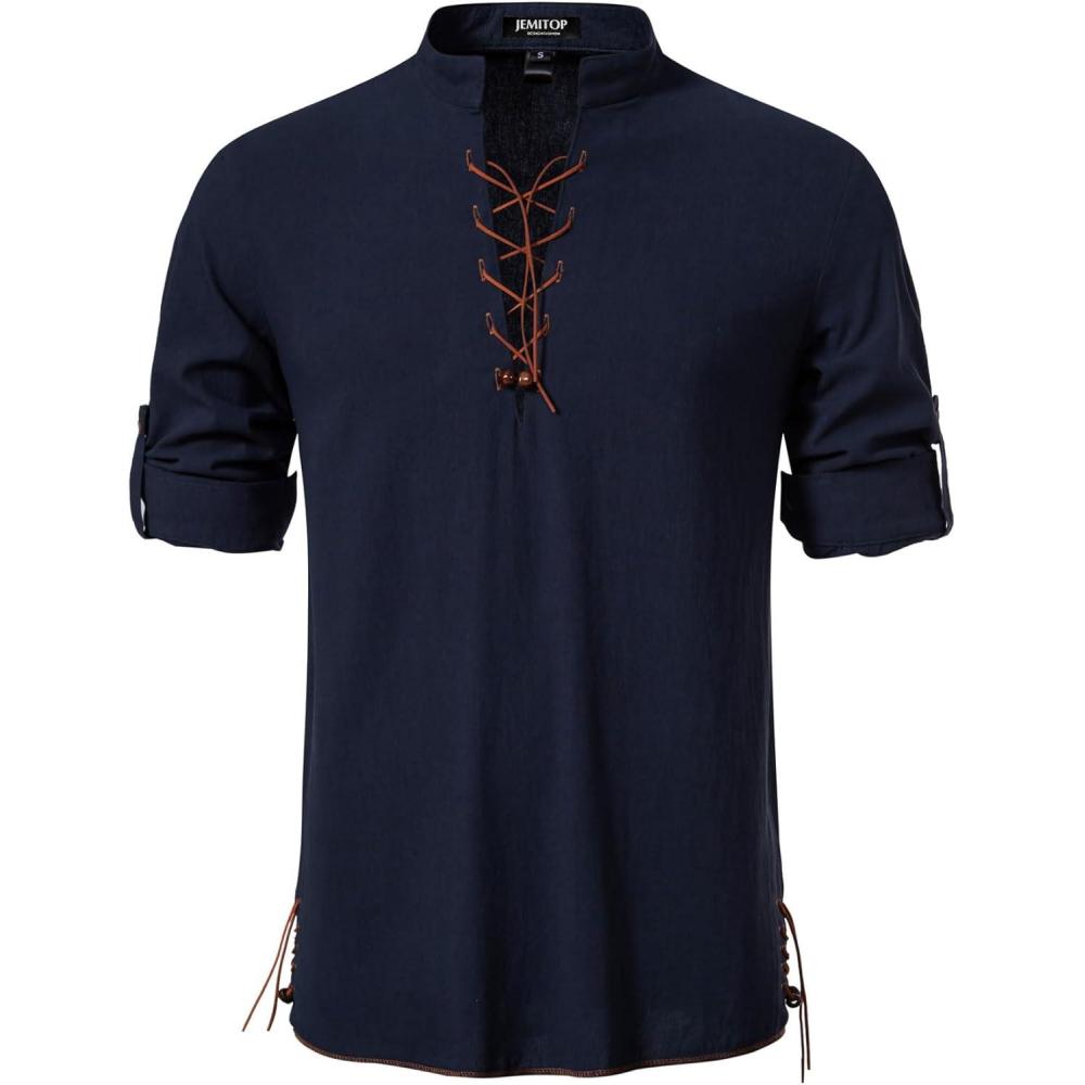 imageMens Cotton Long Sleeve Lace Up Vintage Shirts for Renaissance Pirate Viking Medieval CostumeDark Blue