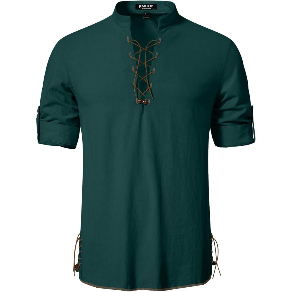imageMens Cotton Long Sleeve Lace Up Vintage Shirts for Renaissance Pirate Viking Medieval CostumeDark Green