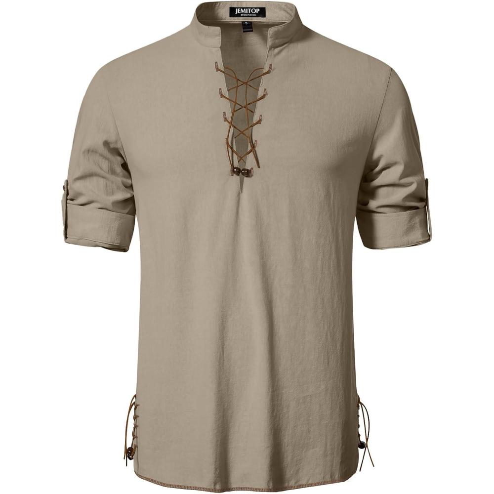 imageMens Cotton Long Sleeve Lace Up Vintage Shirts for Renaissance Pirate Viking Medieval CostumeKhaki